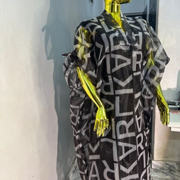 Modern Black & White Geometric Print Maxi Dress with Sheer Sleeves