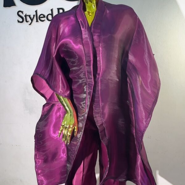 Sheer Plum Kimono Jacket with Matching Satin Pants Set