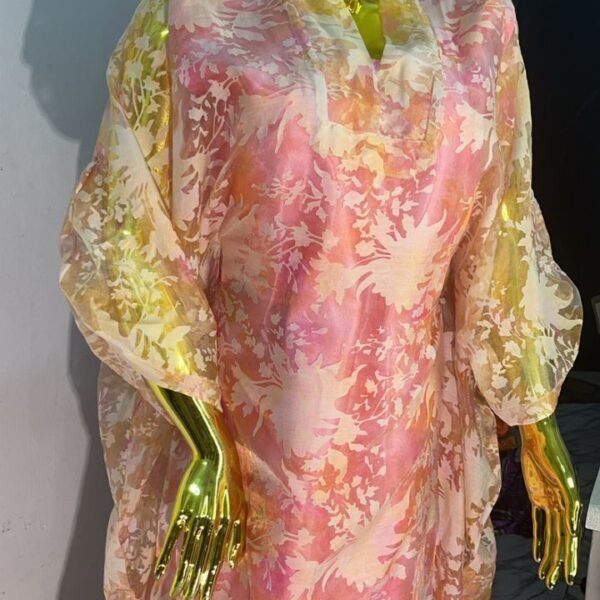 Soft Pastel Floral Sheer Midi Dress with Flowing Sleeves