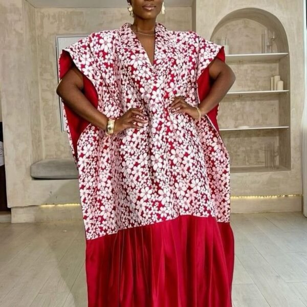 Statement Floral Kaftan Overlay with Flowing Red Maxi Skirt