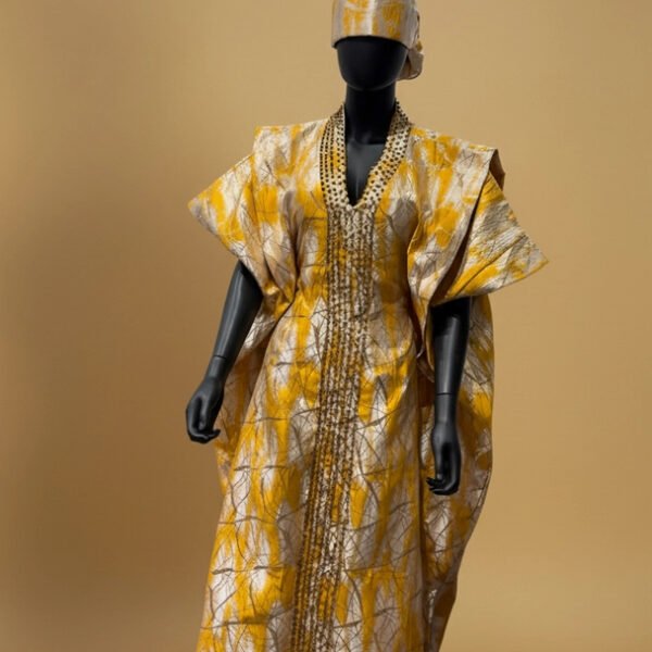 Golden Ankara Kaftan Dress with Embellished Front Panel & Matching Headwrap