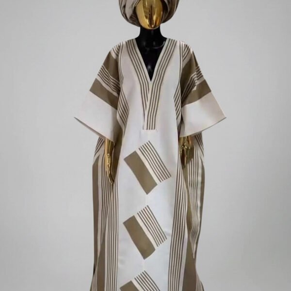 Classic Neutral Stripe Kaftan Dress with Matching Headwrap