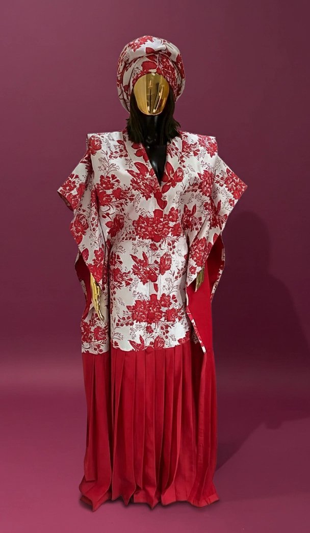 Floral Brocade Kaftan Top with Pleated Red Maxi Skirt & Matching Headwrap