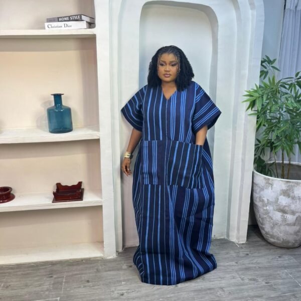Navy Blue Striped Handwoven Kaftan Dress with Oversized Front Pocket
