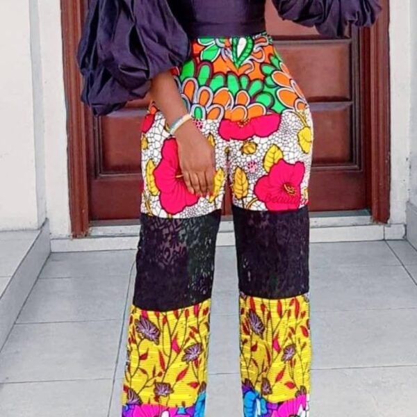 Ankara Patchwork High-Waist Flare Pants with Lace Panel & Puff-Sleeve Corset Top