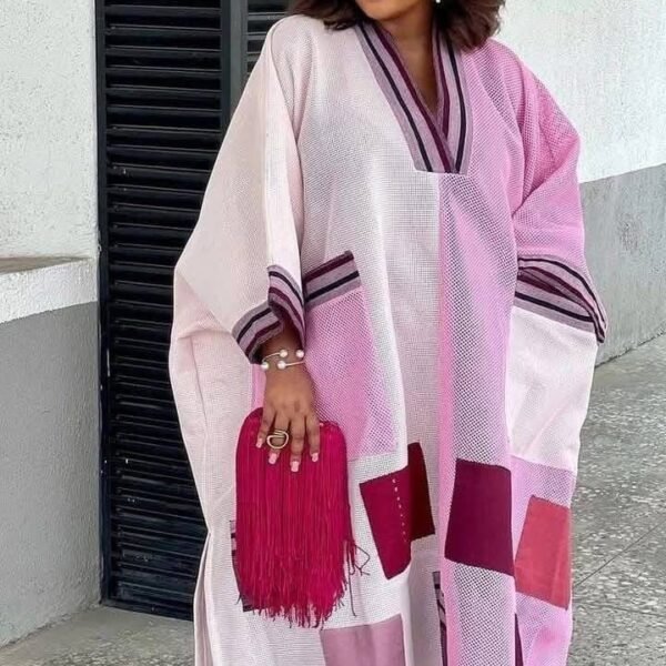 Elegant Pink Color-Block Mesh Kaftan Dress with Contrast Trim
