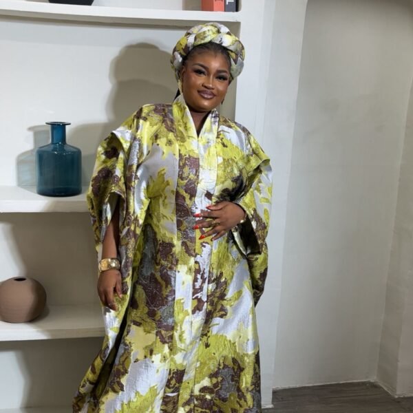 Luxury Olive & Silver Brocade Kaftan Dress with Matching Headwrap
