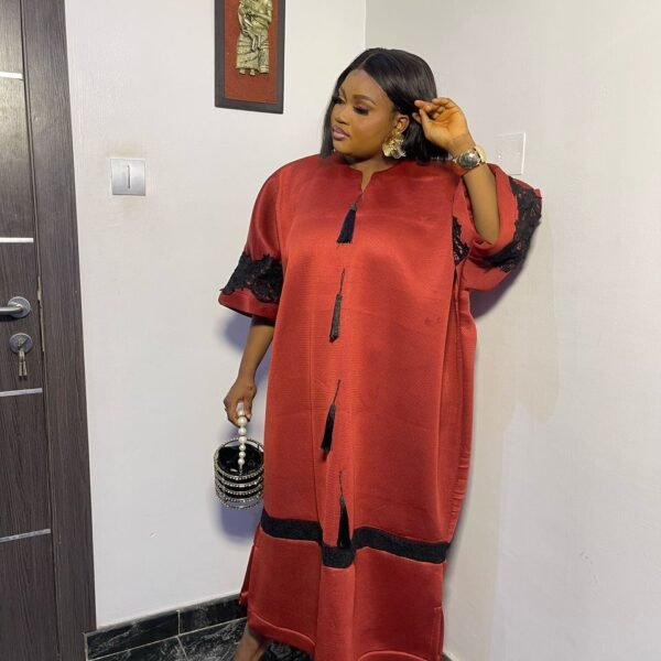 Rust Red Textured Midi Kaftan Dress with Black Lace & Tassel Details