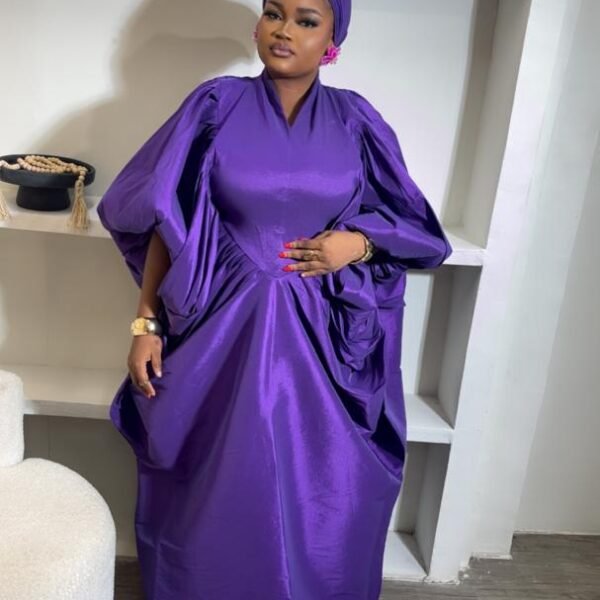 Regal Purple Satin Kaftan Dress with Draped Sleeves & Matching Headwrap