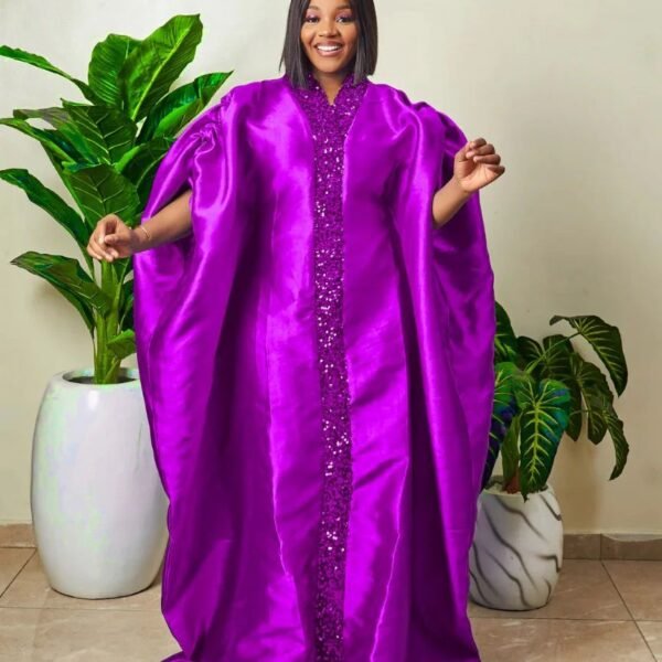 Royal Purple Satin Kaftan Dress with Hand-Embellished Front Panel