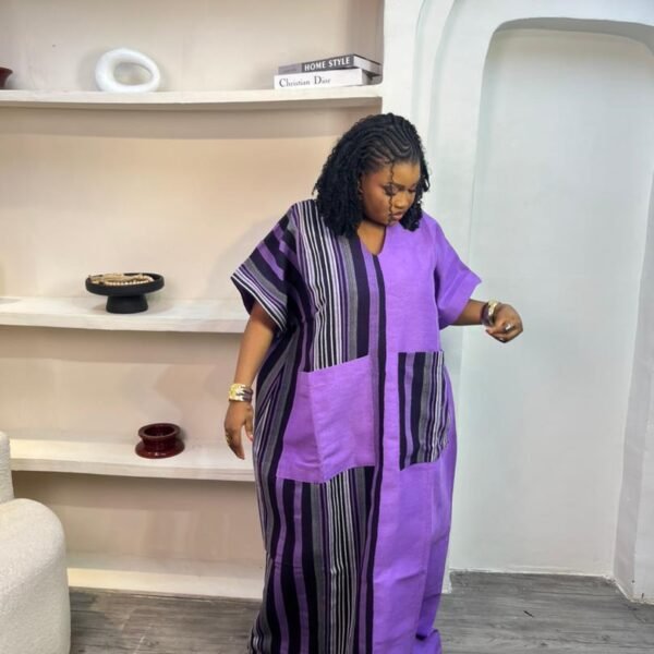 Purple Handwoven Stripe Kaftan Dress with Patch Pockets