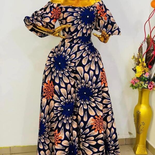 Elegant Off-Shoulder Ankara Maxi Dress with Puff Sleeves