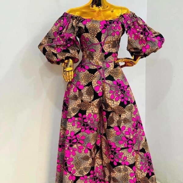 Bold Floral Ankara Off-Shoulder Maxi Dress with Statement Puff Sleeves