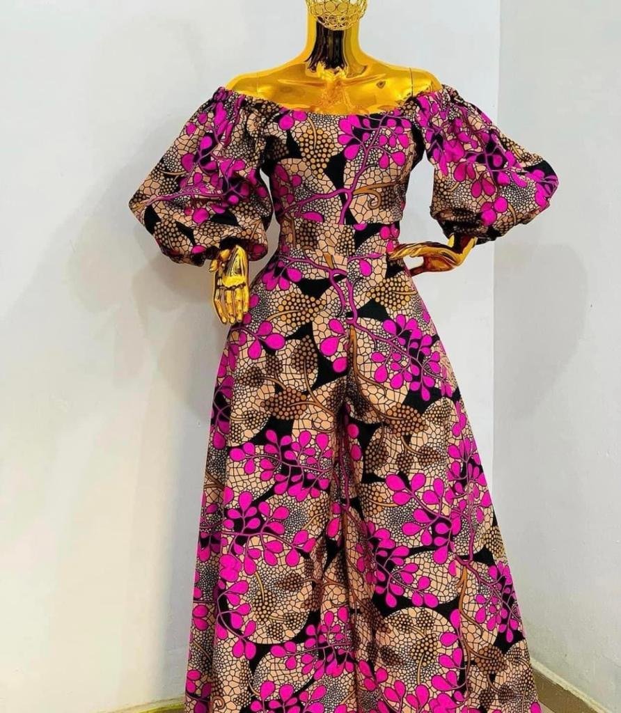 Bold Floral Ankara Off-Shoulder Maxi Dress with Statement Puff Sleeves