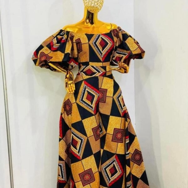 Classic Geometric Ankara Off-Shoulder Maxi Dress with Puff Sleeves