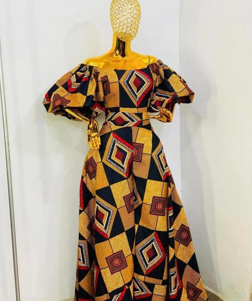 Classic Geometric Ankara Off-Shoulder Maxi Dress with Puff Sleeves