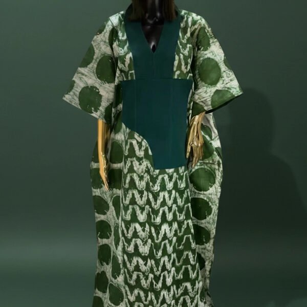 Deep Green Ankara Kaftan Dress with Contrast Panel & Matching Headwrap