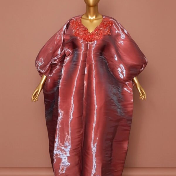 Embellished Wine Silk Kaftan Dress with Voluminous Sleeves